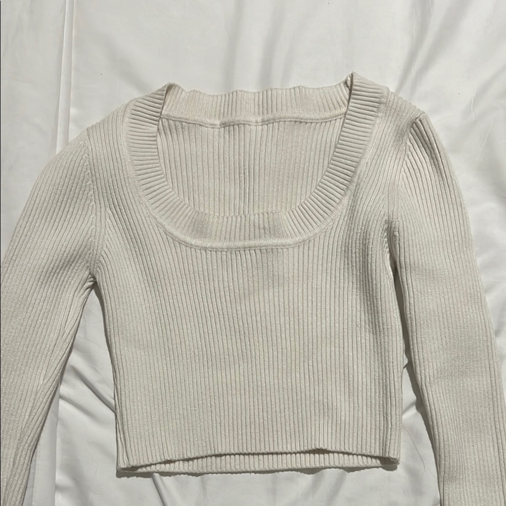 SHEIN Cream Crop Ribbed Blouse with Long Sleeves